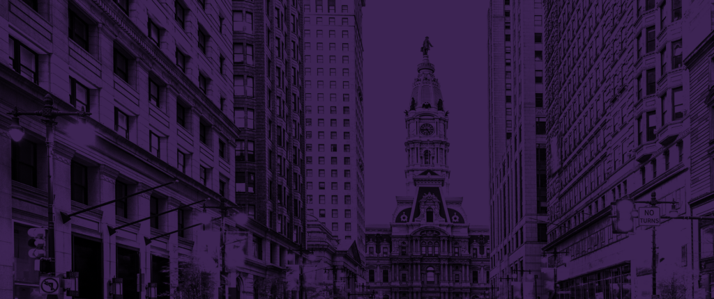 Purple and black illustration of city hall in Philadelphia